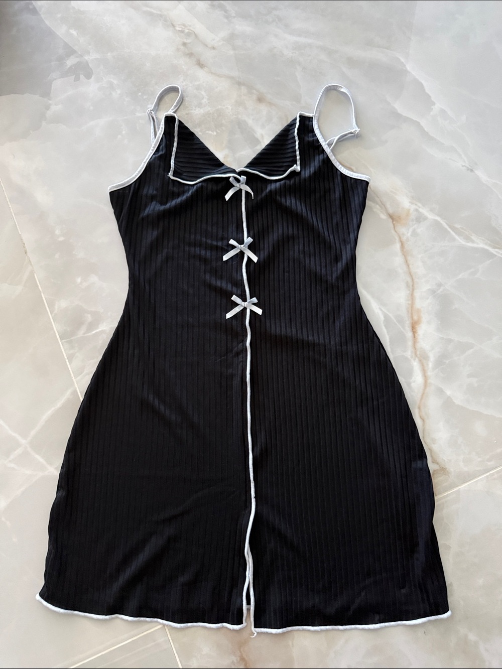 Black Ribbed Slip Dress with White Trim